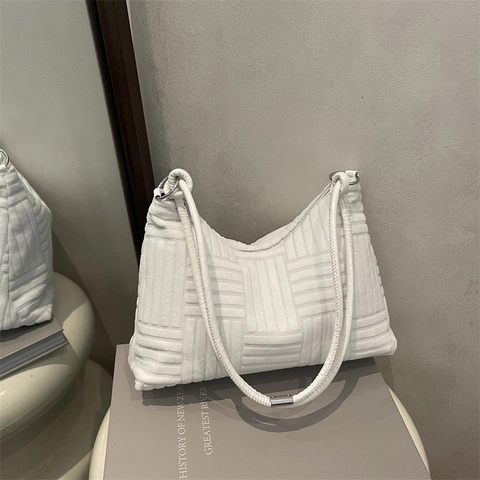 Minimalist Underarm Bag Textured Fabric Relief Pattern Women Shoulder Bag Solid Color Commute Casual Zip Closure Knot Detail