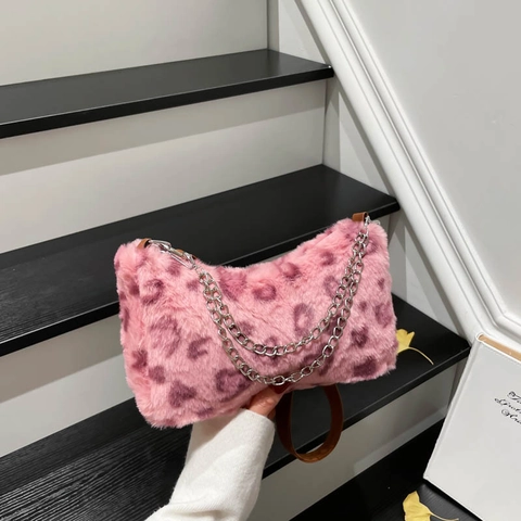 Leopardenmuster Plüsch Kunstfell Unterarmtasche Mit Metallkette Und Kunstlederriemen Für Damen Y2K Trendy Schultertasche