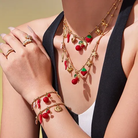 Bohemian Stainless Steel Gold Plated Necklace Bracelet Colorful Enamel Fruit Cherry Strawberry Sun Heart Charms Women Jewelry