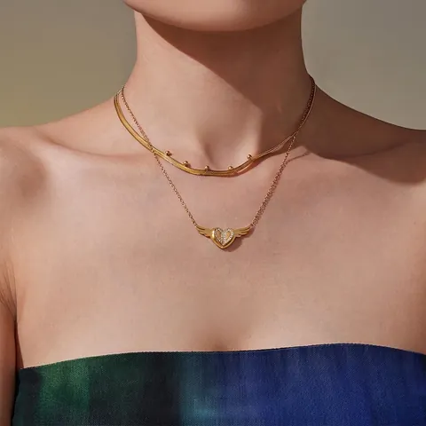 Collana In Acciaio Inossidabile Ciondolo Cuore Ali Di Angelo Doppio Strato Con Zirconi Catena Serpente Con Perline Gioielli Donne