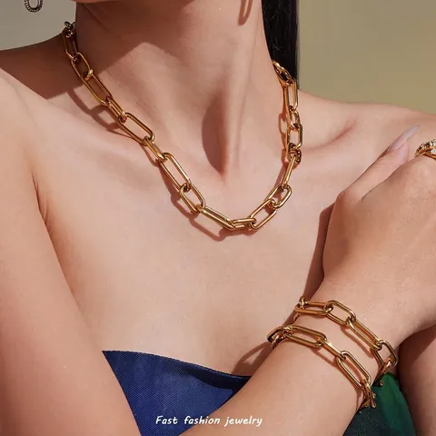 Chunky Paperclip Link Chain Necklace And Bracelet Jewelry Stainless Steel 18K Gold Plated For Women Modern Fashion