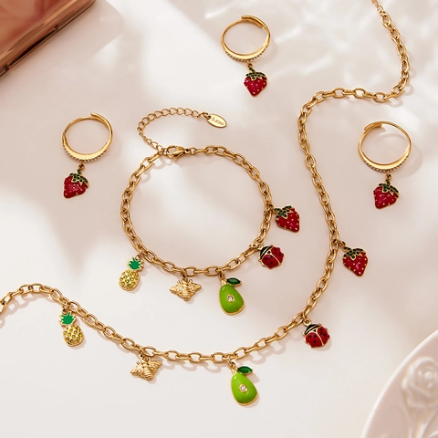 Stainless Steel Jewelry Set Zircon Enamel Fruit Strawberry Heart Balloon Pendant Necklace Bracelet Ring Earrings For Women
