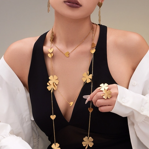 Ketting Oorbellen Ring Klavertje Vier Hart 18K Verguld Roestvrij Staal Lange Ketting Sieraden Matte Textuur Vrouwen