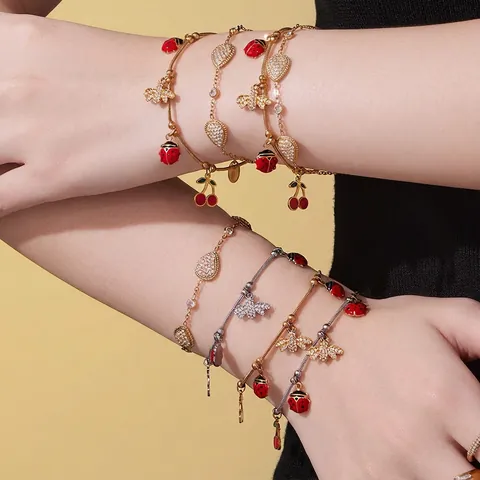 Bracciale Con Ciondoli In Acciaio Inossidabile Zircone Smalto Donna Ape Coccinella Ciliegia Ciondoli Gioielli Moda