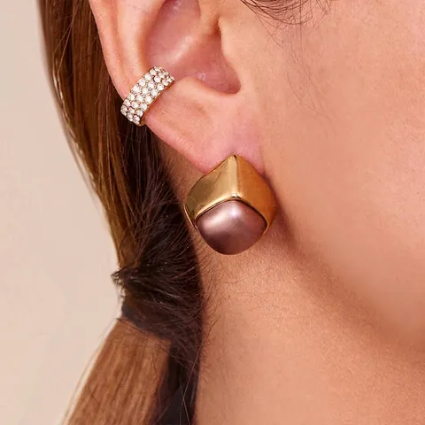 Stainless Steel Stud Earrings 18K Gold Plated Geometric Square Irregular Grey Faux Artificial Pearl Niche Design Retro Style For Women