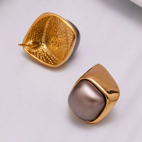 Stainless Steel Stud Earrings 18K Gold Plated Geometric Square Irregular Grey Faux Artificial Pearl Niche Design Retro Style For Women