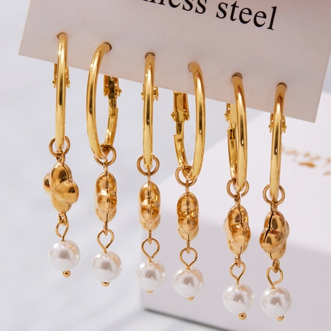 Kupfer Vergoldete Creolen Ohrhänger Mit Kleeblatt Blume Und Kunstperlen Anhänger Elegante Schmuck Für Frauen