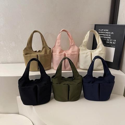 Korean Nylon Multi Pocket Tote Bag Large Capacity Women Commuter Shoulder Bag Solid Color Fashion Durable Handbag