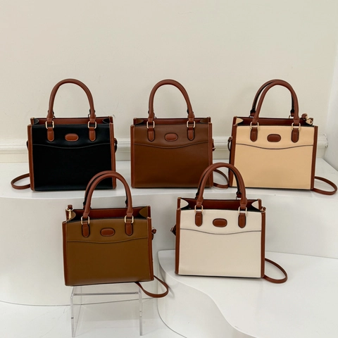 Bolso Tote de Cuero PU Vintage para Mujer Bolso de Mano Minimalista Retro Color de Contraste Bolso de Hombro Con Correa Ajustable Oficina Diario