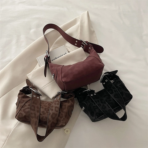 Sac Sous le Bras en Suédine Imprimé Léopard Vintage Femmes Punk Hobo Sac à Main Bandoulière Réglable Argenté Chic