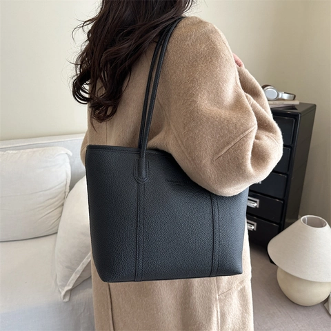 Borsa Tote da Donna Grande Capacità in Pelle PU Minimalista Francese Casual Borsa a Tracolla Retro Texture Litchi
