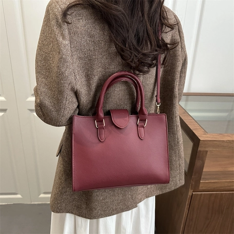 Litchi Texture PU Leather Handbag Large Capacity Top Handle Tote Shoulder Crossbody Bag For Women Fashion Commuting Simple