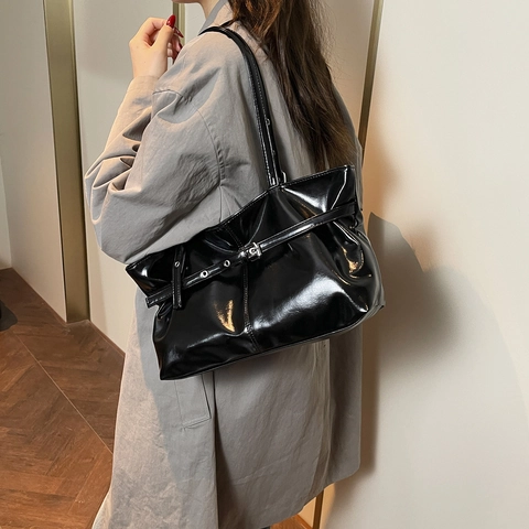Fashion High Gloss PU Leather Tote Bag Women Adjustable Grommet Belt Shoulder Bag Large Capacity Daily Office Work Bag
