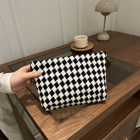 Damen Casual Gewebte Clutch Strick Schachbrett Hahnentritt Muster Handheld Make-up Organizer Vintage Reisebeutel