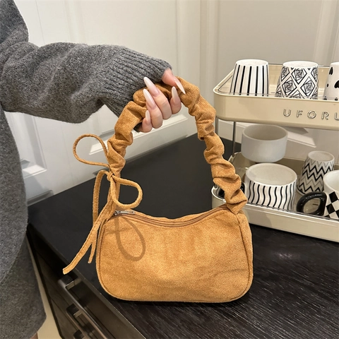 Bolso De Axila Vintage De Gamuza Para Mujer Correa De Hombro Plisada Lazo Media Luna Bolso Hobo Elegante Color Sólido