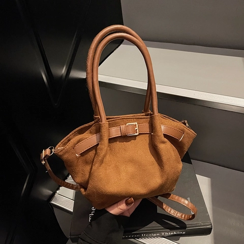 Vintage Faux Suede Tote Bag For Women Fashion Crossbody Shoulder Handbag With Belt Buckle Decor Small Casual Travel Bag