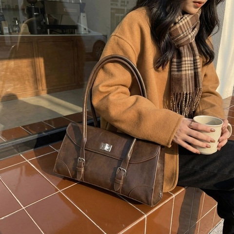 Vintage PU Leder Baguette Tasche Für Damen Minimalistische Unterarm Schultertasche Mit Metall Drehschloss Retro Rechteckige Handtasche