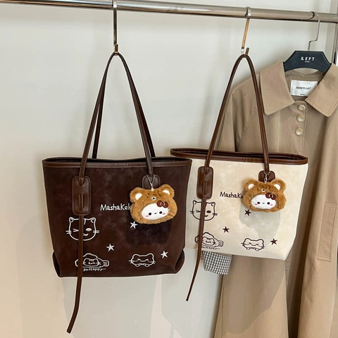 Borsa Tote da Donna Grande Capacità in Pelle PU Stampa Gatto Cartone Animato Borsa a Spalla Vintage Street Style Shopping con Ciondolo