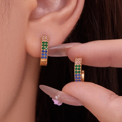Boucles D'oreilles Créoles En Acier Inoxydable Avec Zircon Dégradé Double Rangée Doré Luxe Minimaliste Pour Femmes