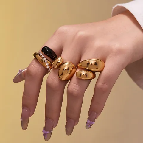 Stainless Steel Open Rings 18K Gold Plated Zircon Oil Drip Enamel French Minimalist Fluid Metal Style Women Jewelry