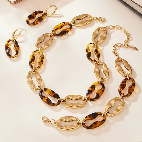 Vintage Stainless Steel Resin Leopard Pattern Jewelry Necklace Bracelet Earrings For Women Geometric Gold Plated Jewelry