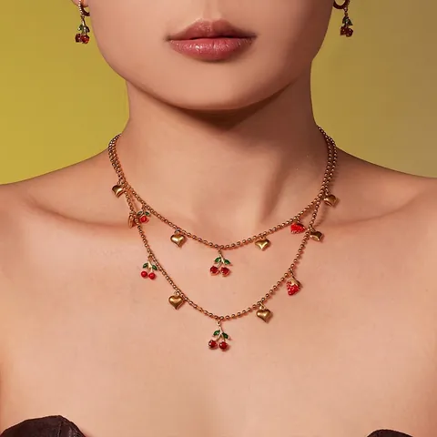 Bijoux En Acier Inoxydable Zircon Cerise Fraise Coeur Pendentif Collier Bracelet Boucles D'oreilles Chevillère Mode Doux