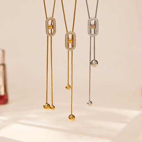 Collana Lariat Regolabile Acciaio Inossidabile Placcato Oro 18K Zircone Pendente Scorrevole Ovale Gioielli Eleganti Donna