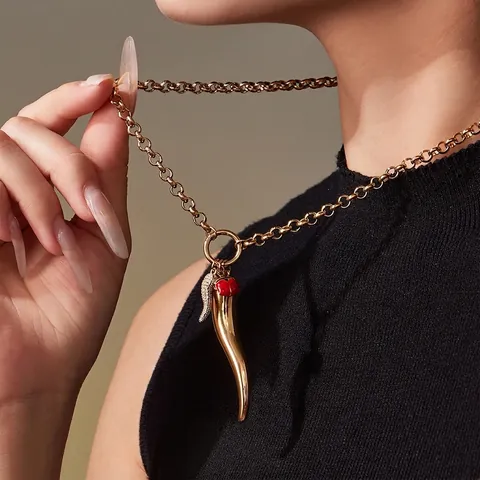 Cornicello Pendant Necklace Stainless Steel 18K Gold Plated Zircon Ladybug Italian Horn Jewelry For Women