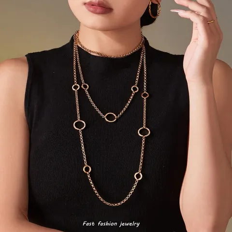 Collana Lunga A Catena Per Maglione Da Donna Acciaio Inossidabile Con Zirconi Pendenti A Cerchio Cavo Stile A Strati