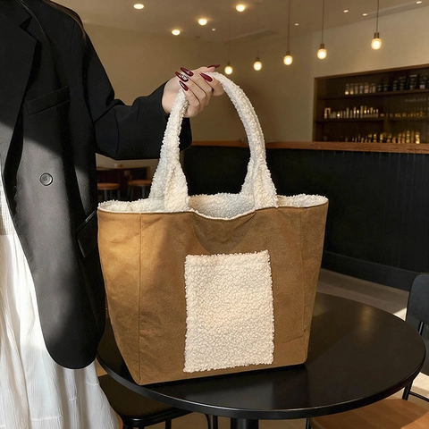 Bolso Tote Grande Corduroy Sherpa Empalme Otoño Invierno Bolso De Hombro Forro Polar Cálido Color Contraste Para Mujeres