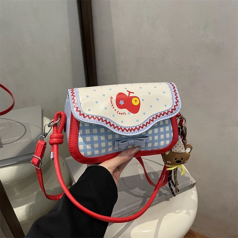 Sac à Bandoulière Patchwork Doux à Carreaux et Pois pour Femmes Mignon Imprimé Pomme Nœud Papillon en Cuir PU Sacoche Quotidienne