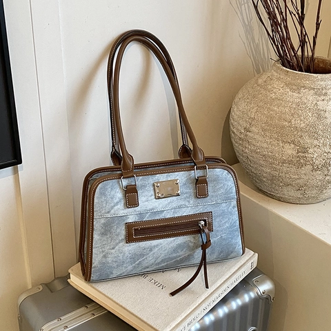 Koreanischer Stil Retro Große Kapazität PU Leder Tote Bag Für Damen Minimalistische Pendeln Schultertasche Mit Bärenanhänger