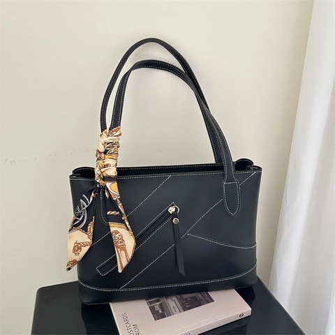 Borsa Tote in Pelle PU da Donna Con Sciarpa di Seta Decorativa Vintage Zip Tracolla a Spalla Grande Capacità Pendolare
