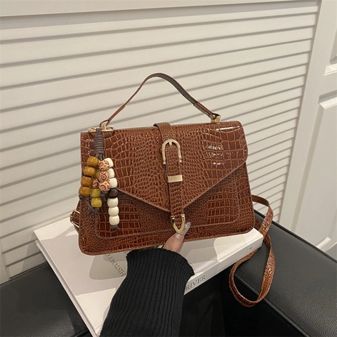 Borsa A Tracolla Con Motivo Coccodrillo Pelle PU Borsa A Mano Retro Con Fibbia Dorata E Ciondolo In Perline Da Donna