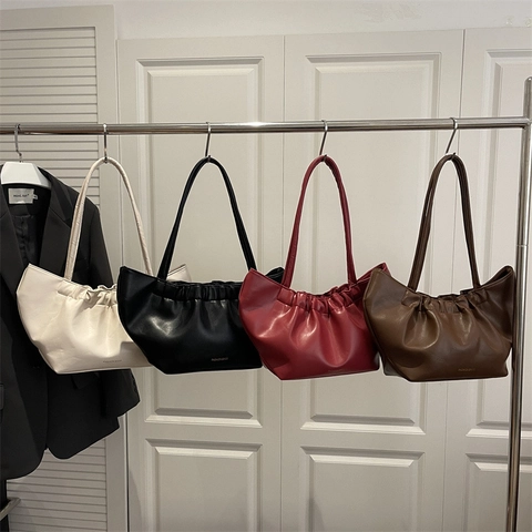 Bolso de Hombro Plisado de Cuero PU Para Mujer Color Sólido Gran Capacidad Bolso de Axila Informal de Moda Bolso Tote