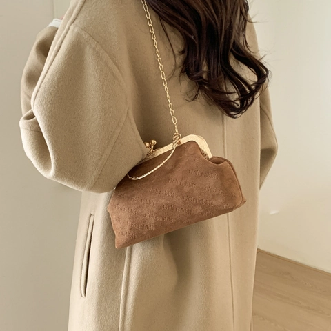 Women Retro PU Leather Clasp Shoulder Bag Metal Chain Embossed Design Elegant Crossbody Handbag Evening Purse Daily Use Bag