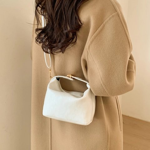 Modern Minimalist Vertical Texture PU Leather Small Square Bag Women Vintage Gold Lock Handbag Shoulder Crossbody Bag