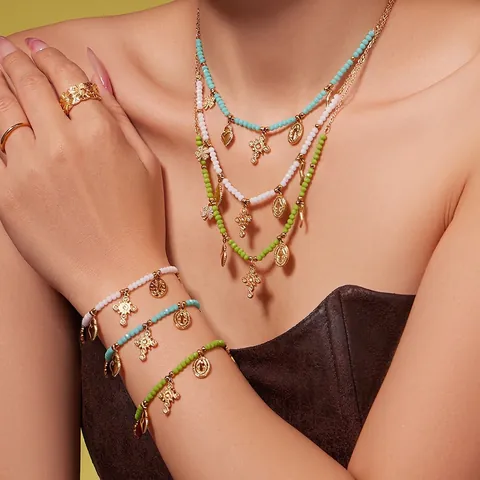 Collana E Bracciale In Acciaio Inossidabile Con Pietre Di Cristallo Colorate Zircone Croce Cuore Pendenti Boho Donna