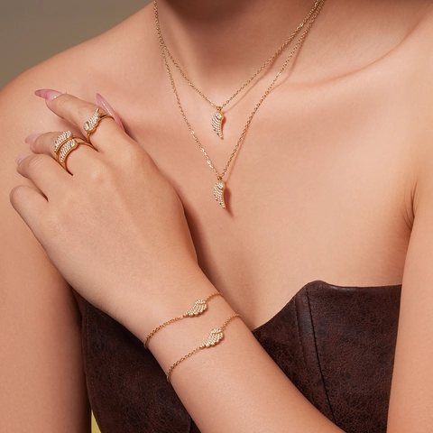 Stainless Steel Angel Wing Zirconia Jewelry Set Gold Silver Plated Necklace Bracelet Earrings Ring For Women Fashion Jewelry Gift
