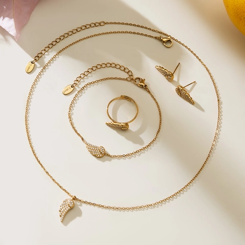Stainless Steel Angel Wing Zirconia Jewelry Set Gold Silver Plated Necklace Bracelet Earrings Ring For Women Fashion Jewelry Gift