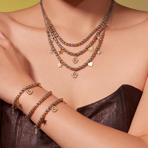 Gioielli In Acciaio Inossidabile Zircone Collana E Bracciale Dual Tone Mano Di Hamsa Cuore Stella Ciondolo Francese Lusso Donne