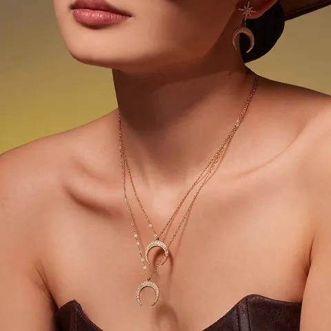 Collana E Orecchini Mezzaluna Stella Gioielli Acciaio Inossidabile Con Zircone Placcato Oro Elegante Moda Per Donne