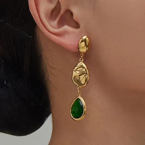 Orecchini Pendenti Goccia Acqua Acciaio Inossidabile Placcato Oro 18K Pietra Vetro Sfaccettata Accessorio Moda Vintage Donna