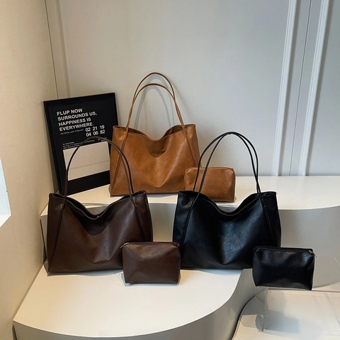 Retro Minimalist PU Leather Tote Bag Large Capacity Women Commute Shoulder Bag With Small Pouch Solid Color Fashion Handbag