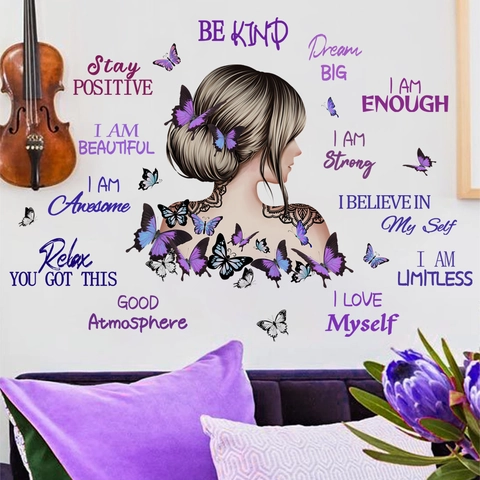 Stickers Muraux Papillon Violet Silhouette Fille PVC Autocollant Citations Inspirantes Décoration Chambre Artistique