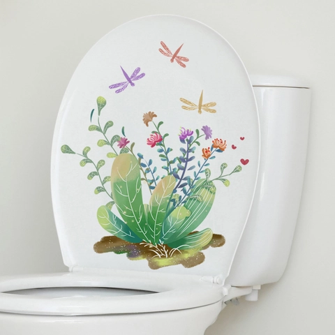Autocollant Couvercle Toilettes Imperméable PVC Adhésif Décoration Salle Bain Plantes Vertes Fleurs Libellule Moderne