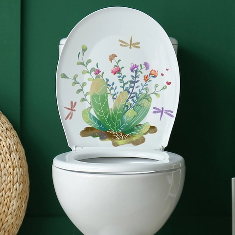 Autocollant Couvercle Toilettes Imperméable PVC Adhésif Décoration Salle Bain Plantes Vertes Fleurs Libellule Moderne