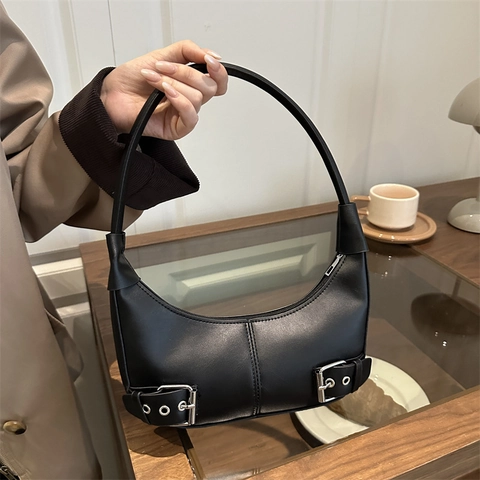 PU Leather Hobo Underarm Shoulder Bag Minimalist Half Moon Shape With Silver Buckle Decoration For Women Niche Trend