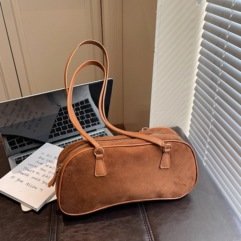 Women's Vintage Suede Underarm Shoulder Bag Minimalist Baguette Bag Retro Style Double Strap Handbag Daily Use Office