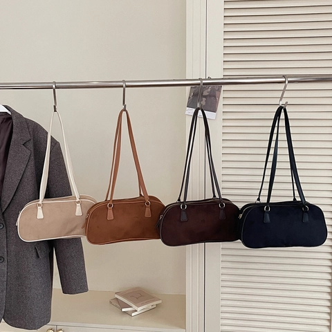 Women's Vintage Suede Underarm Shoulder Bag Minimalist Baguette Bag Retro Style Double Strap Handbag Daily Use Office